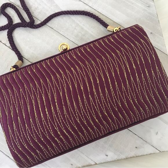 Structured Maroon Purple Shimmer Thread Structured Clutch Bag - Picture 3 of 12